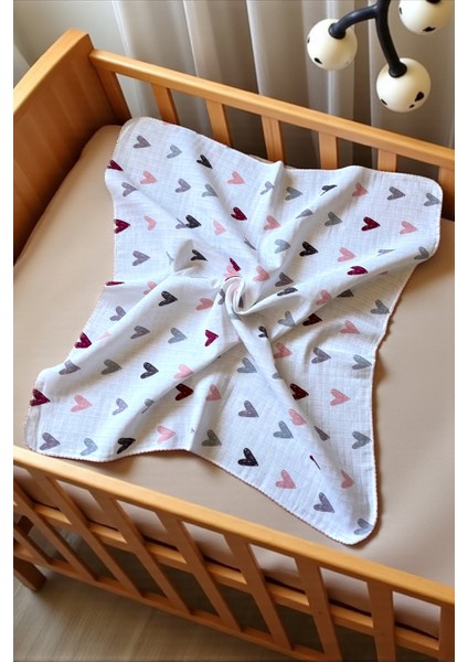 Minika Çok Amaçlı Müslin Örtü Kalp 80X90 cm Yenidoğan Örtü Bez