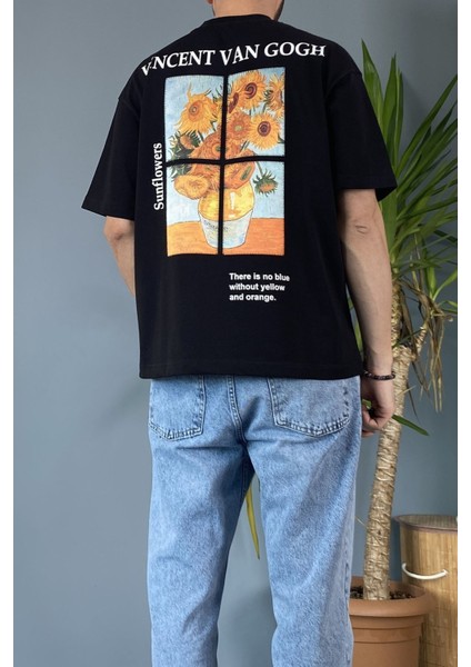 Van Gogh Baskılı Bisiklet Yaka Oversize Siyah Tişört