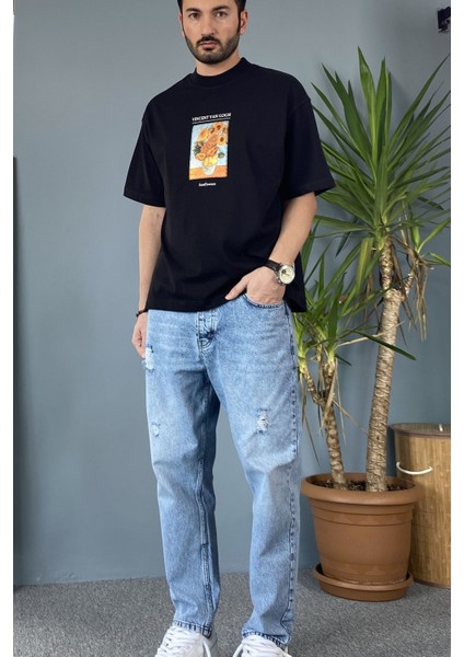 Van Gogh Baskılı Bisiklet Yaka Oversize Siyah Tişört fiyatları