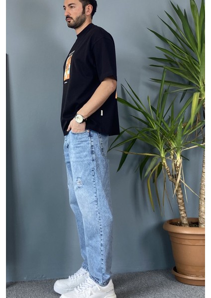 Van Gogh Baskılı Bisiklet Yaka Oversize Siyah Tişört modelleri