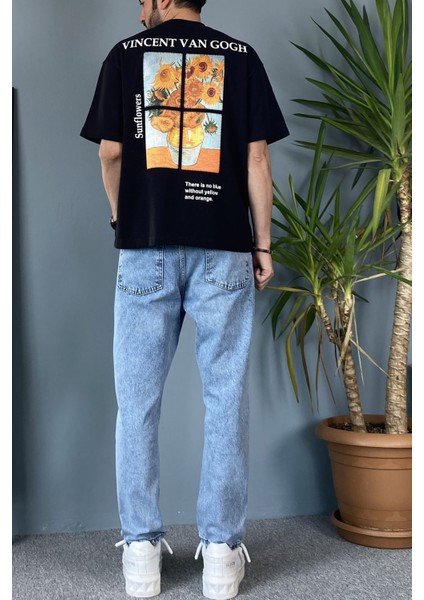 Van Gogh Baskılı Bisiklet Yaka Oversize Siyah Tişört fırsatları