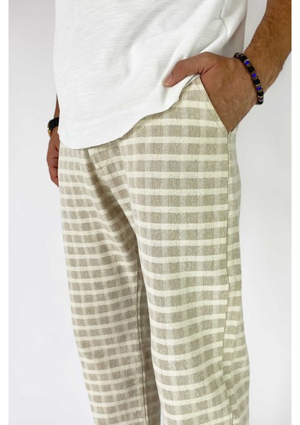 %100 Pamuk Kare Desenli Keten Pantolon