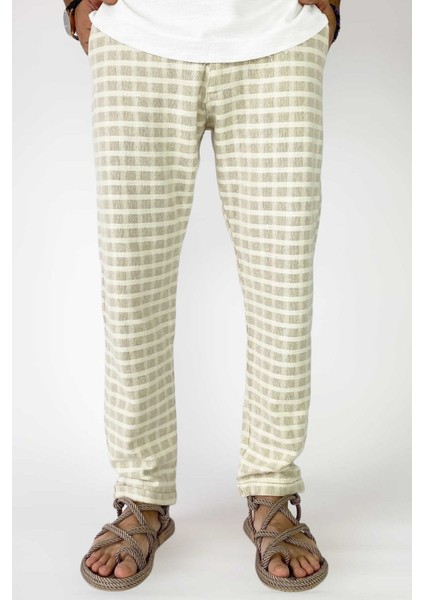 %100 Pamuk Kare Desenli Keten Pantolon modelleri