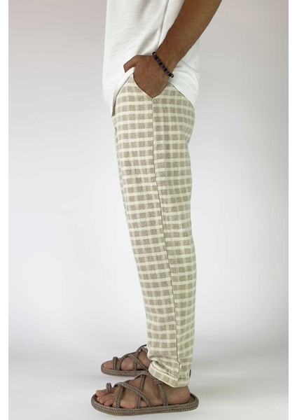 %100 Pamuk Kare Desenli Keten Pantolon fırsatları