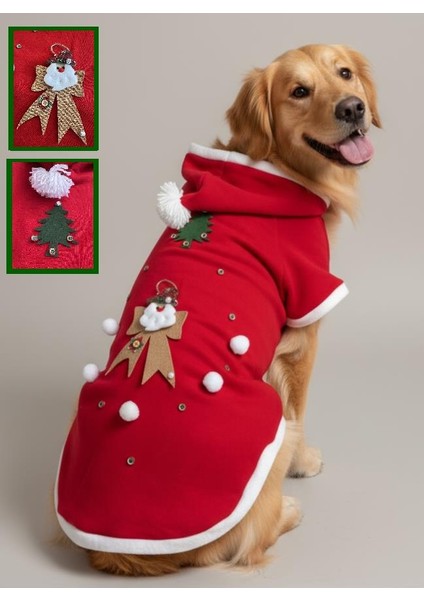 Santa Bow Kırmızı Yılbaşı Köpek Kıyafeti | Noel Baba Kapüşonlu Polar Sweatshirt | Orta ve Büyük Irklar Için