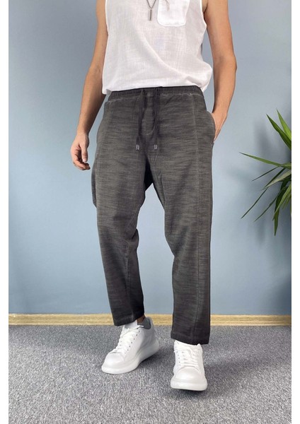 Havuç Kesim Keten Pantolon Bağcıklı Beli Lastikli Bilek Boy