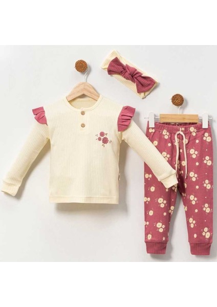 Kız Bebek Ekru Mor Çiçek Desenli Bandanalı 2'li Takım - 1016195