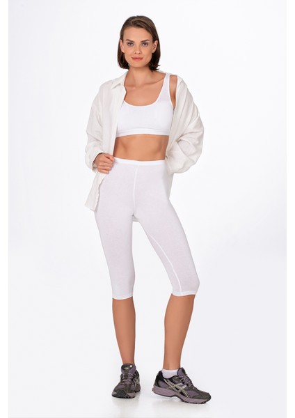 Kadın Likralı Süprem Düz Kapri Tayt Beyaz | K0458