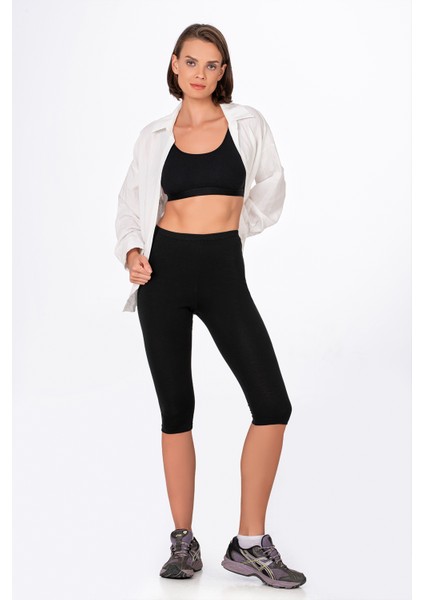 Kadın Likralı Süprem Düz Kapri Tayt Siyah | K0458