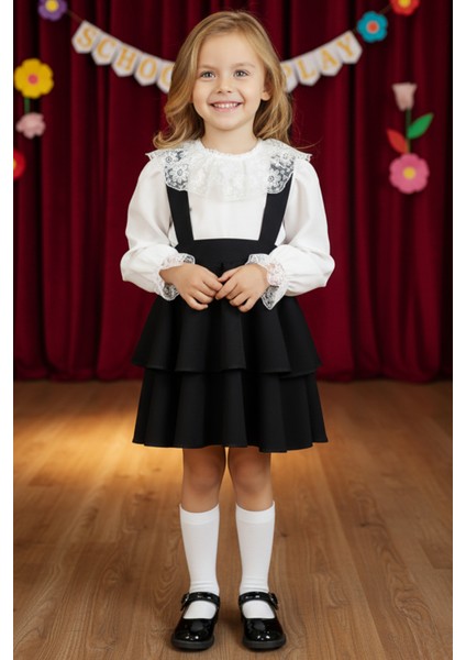 Kız Çocuk Helen Siyah Askılı Kat Kat Bağlama Jile Elbise Dantel Detay Ekru Uzun Kollu Bluz Takım TKM-0181.2