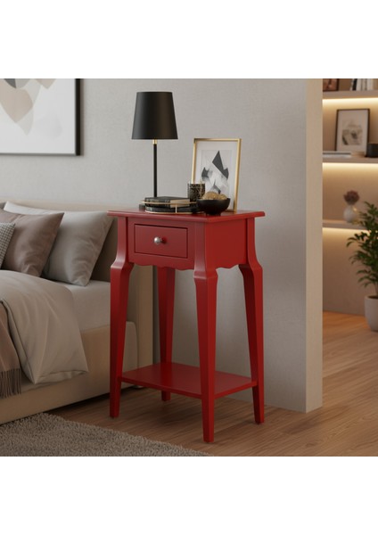 Masif Konik Kırmızı Raflı Komodin - Mini Dresuar