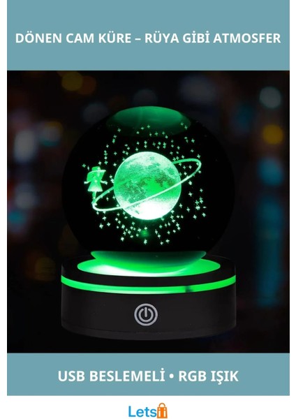 Usb'li Dönen Cam Küre Tasarımlı Gece Lambası Satürnlü Kız