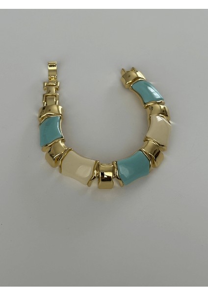 Mavi ve Krem Renkli Altın Detaylı Kemikli Bileklik