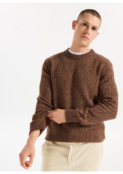 Bisiklet Yaka Relaxed Düz Örgü Desenli Kahve Erkek Kazak J5WM-KZK7867