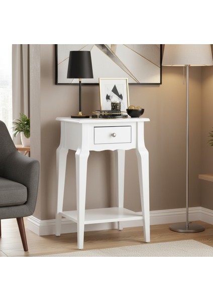 Masif Konik Beyaz Raflı Yan Sehpa - Saksılık