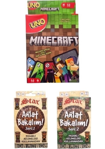 Minecraft Uno + Anlat Bakalım Seri 1 + Seri 2 Oyun Kartları - 3 Lü Set