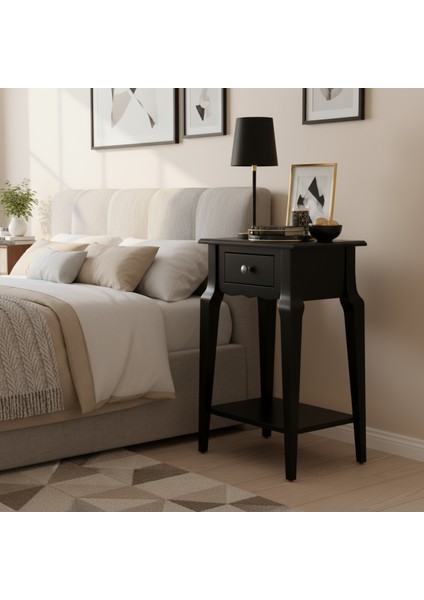 Masif Konik Siyah Raflı Komodin - Mini Dresuar