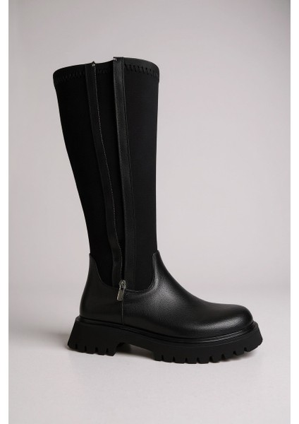Ayarlanabilir Streçli Fermuarlı Kalın Taban Siyah Kadın Çizme