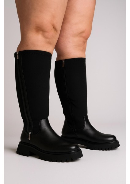 Ayarlanabilir Streçli Fermuarlı Kalın Taban Siyah Kadın Çizme fiyatları