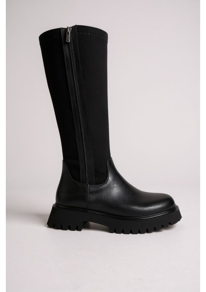 Ayarlanabilir Streçli Fermuarlı Kalın Taban Siyah Kadın Çizme modelleri