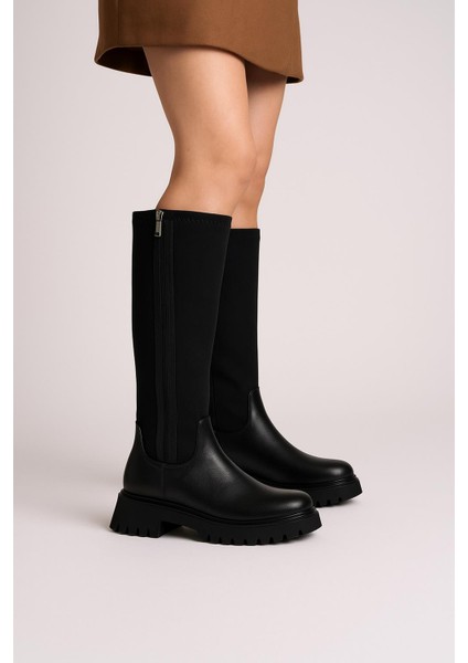 Ayarlanabilir Streçli Fermuarlı Kalın Taban Siyah Kadın Çizme fırsatları