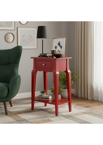 Masif Konik Kırmızı Raflı Yan Sehpa - Saksılık