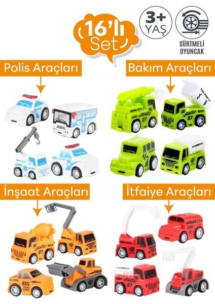 16’lı Sürtmeli Araç Seti Polis, Itfaiye, Inşaat ve Bakım Araçları Mini Oyuncak Araçlar
