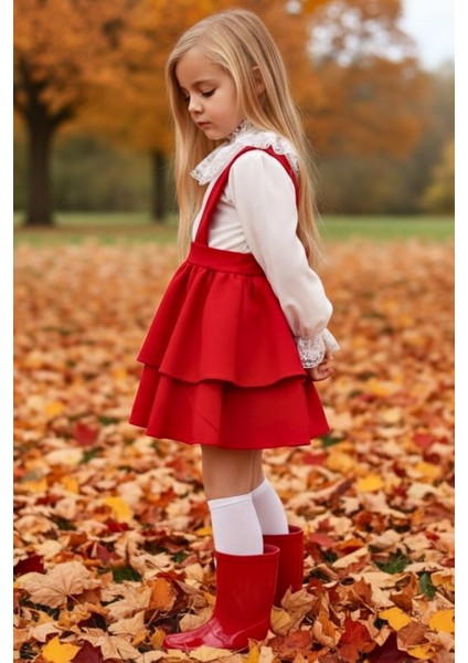 Kız Çocuk Helen Kırmızı Askılı Kat Kat Bağlama Jile Elbise Dantel Detay Ekru Uzun Kollu Bluz Takım TKM-0190.3