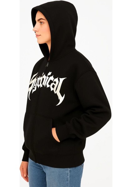 Kadın Oversize Kapüşonlu Sweatshirt Hoodie 3 Iplik Şardonlu Pamuklu Kumaş, Önü Baskılı, Fermuarlı Rahat Kalıp, Kışlık ve Sokak Stili Sweat - Siyah fiyatları