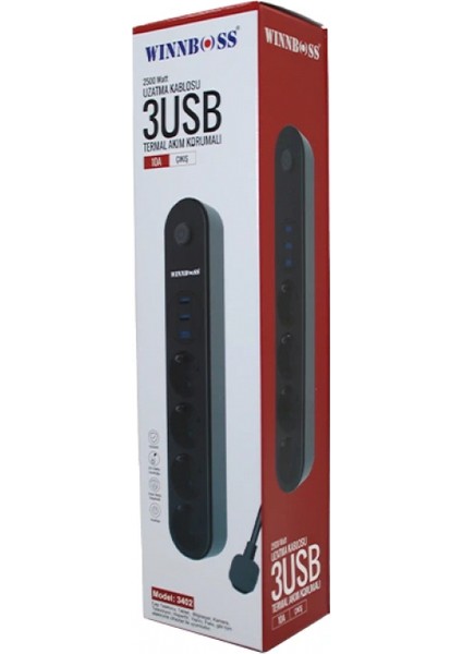 Termal Akım Korumalı 4lü Priz 3xusb 2mt Anahtarlı Uzatma Kablo Siyah 10A - 2500W (5324)