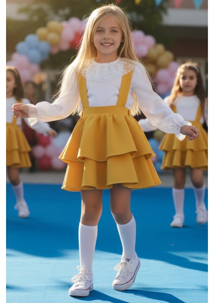 Kız Çocuk Helen Koyu Sarı Askılı Kat Kat Bağlama Jile Elbise Dantel Detay Ekru Uzun Kollu Bluz Takım TKM-0190.4