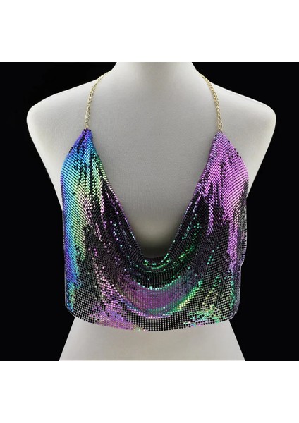 Parlak Gökuşağı Crop & Bluz Kolsuz Kayık Yaka Zırh Büstiyer fırsatları