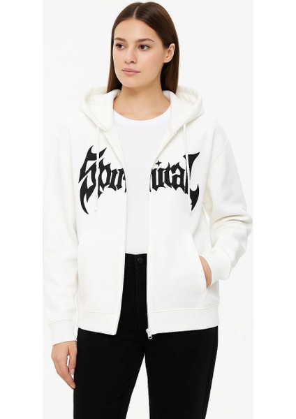 Kadın Oversize Kapüşonlu Sweatshirt Hoodie 3 Iplik Şardonlu Pamuklu Kumaş, Önü Baskılı, Fermuarlı Rahat Kalıp, Kışlık ve Sokak Stili Sweat - Beyaz modelleri