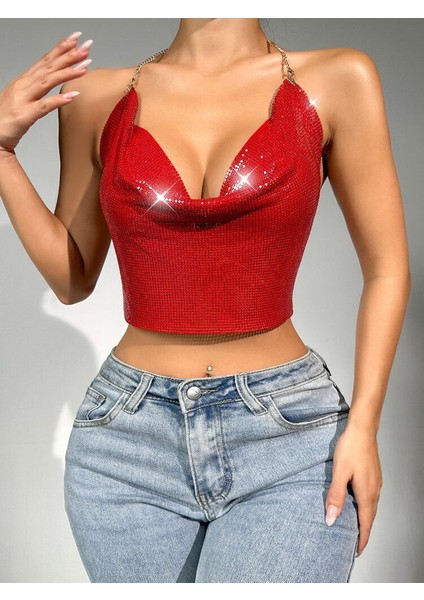 Parlak Kırmızı Crop & Bluz Kolsuz Kayık Yaka Zırh Büstiyer
