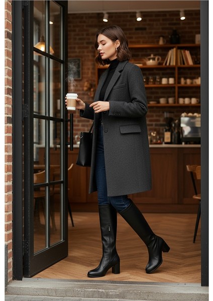 Siyah Topuklu Badem Burun Diz Altı Kadın Çizme fiyatları