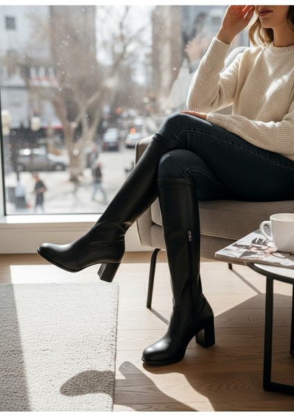 Siyah Topuklu Badem Burun Diz Altı Kadın Çizme modelleri