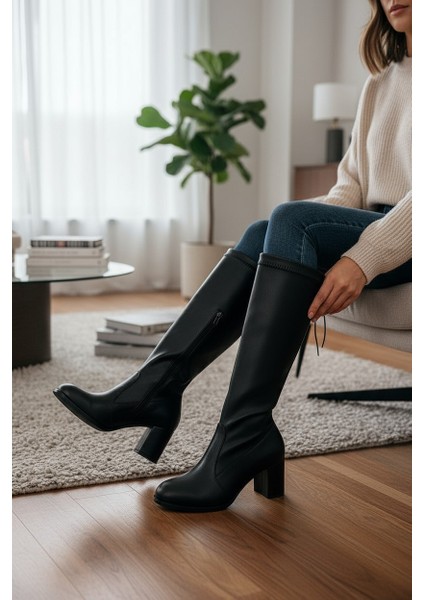 Siyah Topuklu Badem Burun Diz Altı Kadın Çizme fırsatları