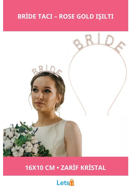 Şık Rose Gold Bekarlığa Veda Kristal Taş Bride Tacı