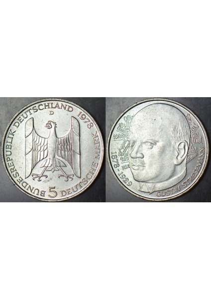 Almanya Gümüş 5 Mark 1978 D. Gustav Stresemann 11,2 Gr. Çil(-)
