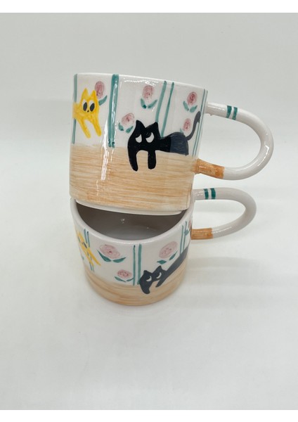 Sevimli Kedili El Yapımı Seramik Kupa 200 ml