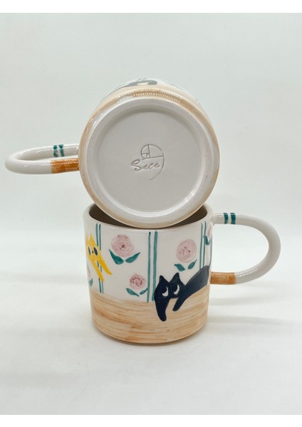 Sevimli Kedili El Yapımı Seramik Kupa 200 ml