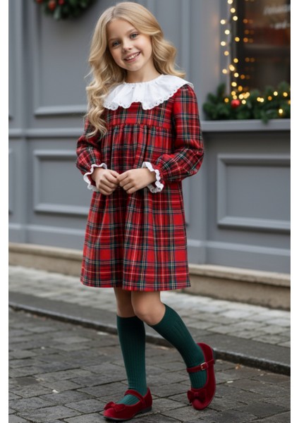 Kız Çocuk Kırmızı Ekose Uzun Kollu Dantel Elbise Özel Günler için Şık Tasarım fırsatları