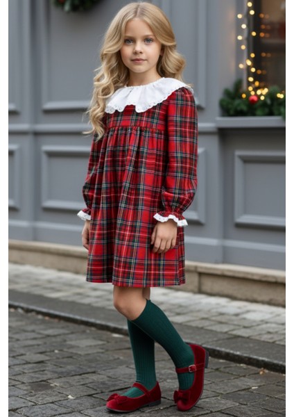 Kız Çocuk Kırmızı Ekose Uzun Kollu Dantel Elbise Özel Günler için Şık Tasarım indirimleri