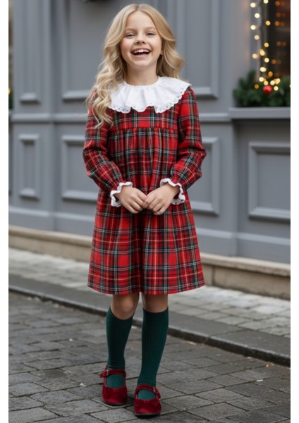 Kız Çocuk Kırmızı Ekose Uzun Kollu Dantel Elbise Özel Günler için Şık Tasarım