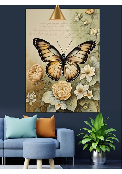 Kelebek Siyah Beyaz Pastel Çiçekler Dekoratif Kanvas - Mdf Ahşap Tablo