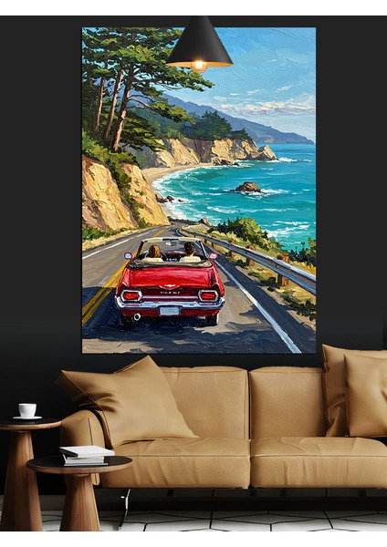 Kırmızı Araba Sahil Palmiye Dekoratif Kanvas - Mdf Ahşap Tablo
