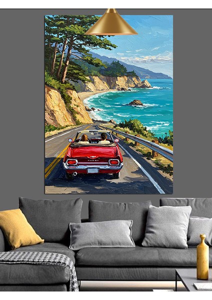Kırmızı Araba Sahil Palmiye Dekoratif Kanvas - Mdf Ahşap Tablo fiyatları