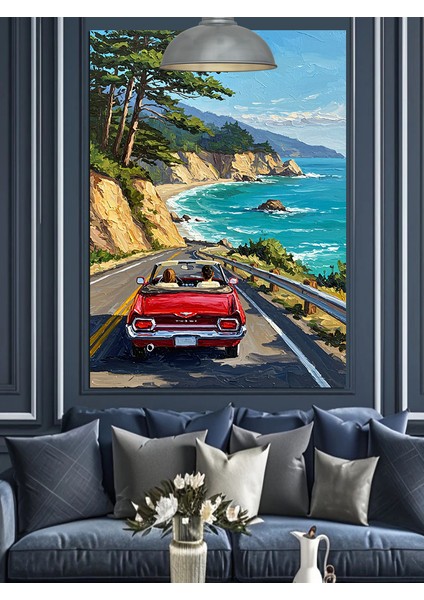 Kırmızı Araba Sahil Palmiye Dekoratif Kanvas - Mdf Ahşap Tablo modelleri