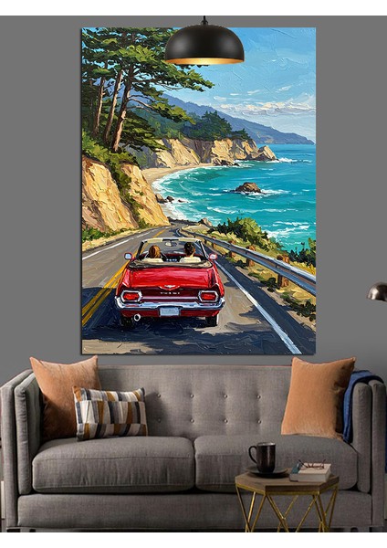 Kırmızı Araba Sahil Palmiye Dekoratif Kanvas - Mdf Ahşap Tablo fırsatları