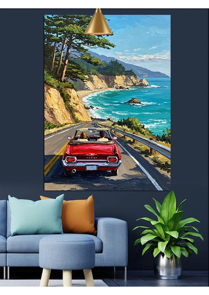 Kırmızı Araba Sahil Palmiye Dekoratif Kanvas - Mdf Ahşap Tablo indirimleri